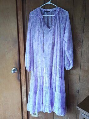 FORE Lavender Boho Tiered Dress Size L Sheer Overlay Lined